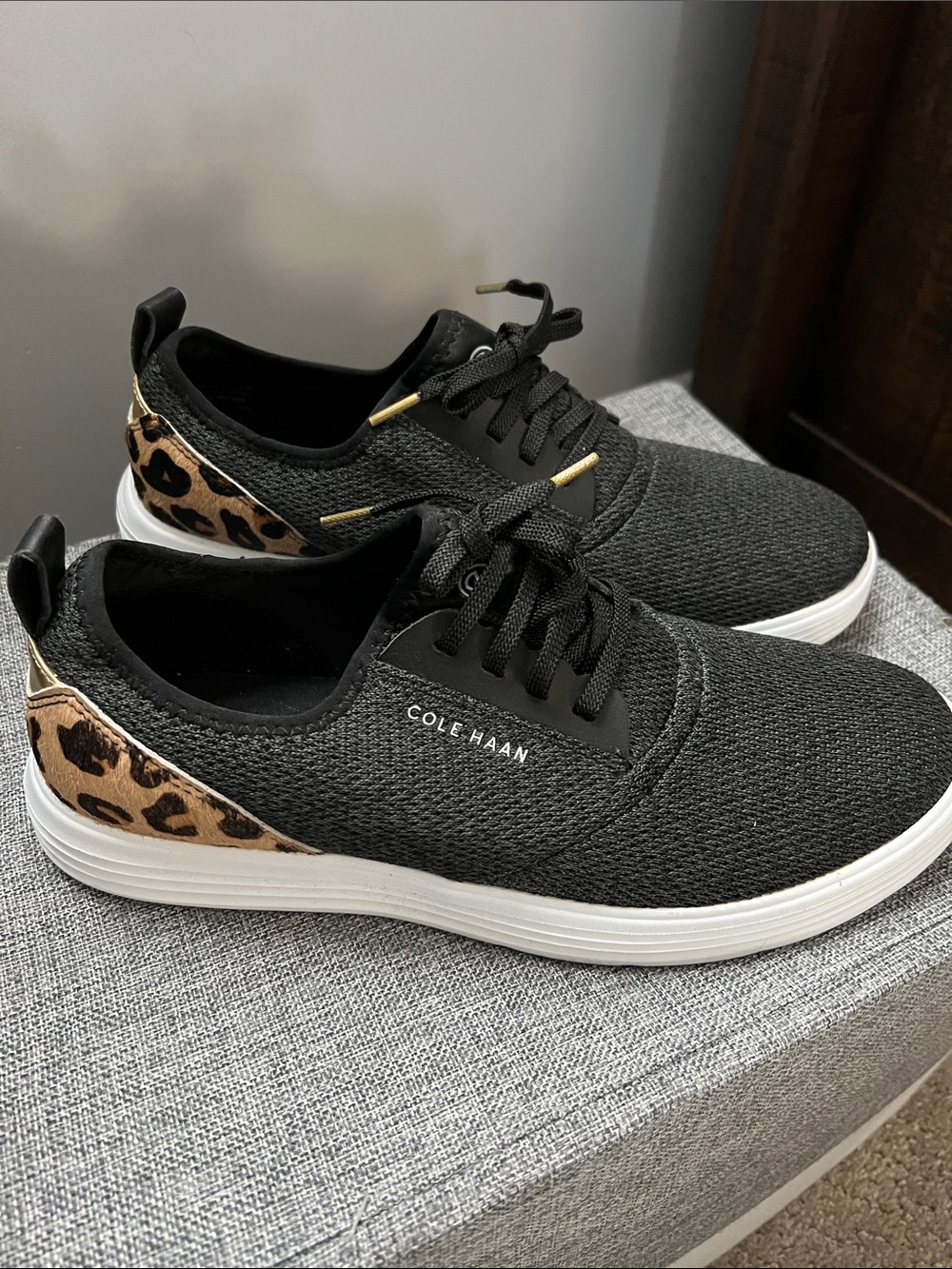 Cole Haan GrandSport desgin Black Knit Sneakers with Leopard Heel Detail